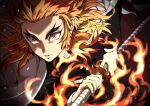  1boy blonde_hair commentary_request demon_slayer_uniform fantasy fire forked_eyebrows holding japanese_clothes katana kimetsu_no_yaiba long_sleeves looking_at_viewer male_focus multicolored_hair redhead rengoku_kyoujurou simple_background solo sword two-tone_hair weapon yasuo_(chisyu0204) 