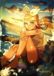  artist_name backlighting bare_arms bare_shoulders barefoot blonde_hair blue_eyes bow clouds crop_top dusk dutch_angle faux_traditional_media foaming_waves hair_bow hair_ornament hairclip highres hugging_own_legs kagamine_rin knee_up knees_to_chest leg_up looking_at_viewer number_tattoo nunosei ocean parted_lips rock sailor_collar sailor_shirt shirt shorts shoulder_tattoo sitting sleeveless sleeveless_shirt sunset tattoo vocaloid white_bow yellow_sky 