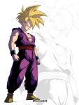  1boy bare_pectorals battle_damage blue_wristband clenched_hands closed_mouth dougi dragon_ball dragon_ball_z green_eyes highres horang4628 male_focus pectorals scratches solo son_gohan spiky_hair standing super_saiyan toned toned_male torn torn_clothes twitter_username v-shaped_eyebrows white_background wristband zoom_layer 