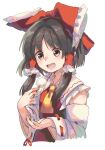  1girl :d ascot bow cropped_torso detached_sleeves food frilled_bow frills hair_bow hair_tubes hakurei_reimu happy holding holding_food matsukuzu open_mouth red_bow ribbon-trimmed_sleeves ribbon_trim simple_background smile solo touhou upper_body white_background wide_sleeves 