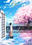  1girl absurdres black_hair blazer blue_sky brown_skirt building cherry_blossoms commentary_request from_side highres jacket ladder long_skirt long_sleeves original rooftop scenery short_hair shurock signature skirt sky snow solo standing tree white_jacket wide_shot 