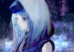  1boy absurdres androgynous arknights bangs bishounen blue_hair blurry blurry_background from_side hat highres hood hoodie infection_monitor_(arknights) male_focus mihaia short_hair sleeveless solo tagme upper_body violet_eyes 