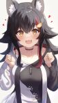  1girl :3 animal_ear_fluff animal_ears black_hair blush breasts choker collarbone copyright_name diamond-shaped_pupils diamond_(shape) drawstring english_text from_above hair_between_eyes hands_up heart highres hololive hood hoodie large_breasts long_hair long_sleeves looking_at_viewer multicolored_hair ookami_mio open_mouth orange_eyes paw_print redhead simple_background smile solo streaked_hair suicabar72 symbol-shaped_pupils tareme two-tone_hoodie upper_body virtual_youtuber white_background wolf_ears wolf_girl 