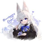  1girl absurdres ahoge animal_ear_fluff animal_ears bangs black_dress blue_bow blue_bowtie blue_eyes bow bowtie cake cake_slice cat_ears closed_mouth dress english_commentary english_text food fork hakuto_kinkinko heart highres holding holding_fork holding_plate long_hair long_sleeves looking_at_viewer original plate smile solo upper_body white_hair 