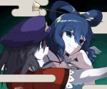  2girls bangs black_hair blue_dress blue_eyes blue_hair cabbie_hat closed_mouth commentary_request dress drill_locks egasumi hair_ornament hair_rings hair_stick hat hat_ornament highres jiangshi kaku_seiga lace-trimmed_sleeves lace_trim looking_at_another looking_at_viewer medium_hair miyako_yoshika multiple_girls ofuda open_clothes open_mouth open_vest outstretched_arms pale_skin purple_headwear red_shirt saba_no_kanzume shirt short_sleeves smile star_(symbol) star_hat_ornament touhou upper_body vest white_vest zombie_pose 