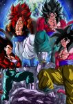  4boys bare_shoulders blue_sash blue_wristband body_fur denim dragon_ball dragon_ball_gt earrings gogeta highres hiro_(udkod1ezlyi2flo) jeans jewelry metamoran_vest monkey_boy monkey_tail multiple_boys muscular muscular_male pants potara_earrings red_fur sash smirk son_goku super_saiyan super_saiyan_4 tail topless_male vegeta vegetto 