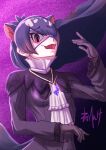  1girl animal_ears ascot australian_devil_(kemono_friends) bangs blush breasts crystal evil_smile eyepatch fang frills gloves highres jacket jewelry kemono_friends kemono_friends_3 long_hair long_sleeves looking_at_viewer monohenke multicolored_hair necklace open_mouth purple_background red_eyes signature simple_background small_breasts smile solo tail 