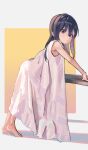  1girl arm_support barefoot black_hair child dress driftingtiger feet female_child from_side highres leaning_forward long_dress long_hair original simple_background sleeveless sleeveless_dress solo toes violet_eyes white_dress 