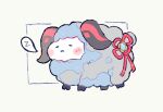  :&lt; animalization blue_fur blush blush_stickers chibi closed_eyes closed_mouth commentary english_commentary flower_knot ganyu_(genshin_impact) genshin_impact hooves horns melanbread no_humans sheep sheep_horns simple_background spoken_zzz vision_(genshin_impact) white_background zzz 
