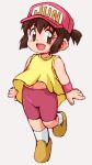  1girl bakusou_kyoudai_let&#039;s_&amp;_go!! baseball bike_shorts brown_eyes brown_footwear brown_hair child female_child full_body hat navel open_mouth ponytail red_shorts sagami_jun shirt shoes short_hair shorts skhorosho sleeveless sleeveless_shirt smile socks solo white_socks wristband yellow_shirt 