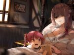  2girls aged_down bandage_over_one_eye brown_hair eyepatch funi_mu9 heterochromia highres hololive houshou_marine jewelry multiple_girls necklace open_mouth picture_frame red_eyes redhead side_ponytail smile twintails virtual_youtuber yellow_eyes 