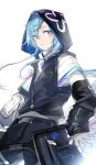  1boy absurdres androgynous arknights bishounen black_hoodie blue_hair cowboy_shot hair_ornament hairclip highres hood hoodie long_hair looking_at_viewer male_focus mizuki_(arknights) open_mouth shabi96522 shirt simple_background solo twintails violet_eyes white_background white_shirt 