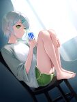  1girl absurdres bangs barefoot can chair curtains dolphin_shorts feet_on_chair full_body green_eyes green_shorts grey_hair grey_shirt hair_ornament hairclip highres hinomori_shiho holding holding_can indoors long_sleeves looking_at_viewer pocari_sweat project_sekai shirt short_hair shorts sidelocks sitting sjuno solo 