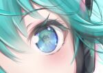  1girl ^_^ bangs bare_shoulders blue_necktie blush closed_eyes closed_mouth commentary_request dec_madoka eye_focus green_hair grin hair_between_eyes hair_ornament hatsune_miku highres necktie reflection smile solo vocaloid 