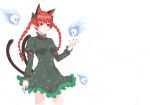  1girl animal_ears bayunlianjin black_nails bow braid cat_ears cat_tail dress extra_ears green_dress hair_bow highres hitodama kaenbyou_rin long_sleeves multiple_tails nail_polish nekomata red_eyes redhead skull solo tail touhou twin_braids two_tails 