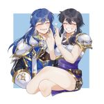  1boy armor black_hair blue_hair breastplate cape carrying closed_eyes earrings fire_emblem fire_emblem:_genealogy_of_the_holy_war highres inkanii jewelry larcei_(fire_emblem) long_hair pauldrons ponytail princess_carry ring seliph_(fire_emblem) shoulder_armor simple_background smile wedding_ring 