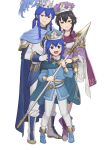  1boy 2girls black_eyes black_hair blue_eyes blue_hair boots cape crown ebinku fire_emblem fire_emblem:_genealogy_of_the_holy_war hat_feather highres holding holding_polearm holding_weapon larcei_(fire_emblem) long_hair looking_at_viewer multiple_girls polearm seliph_(fire_emblem) simple_background spear weapon white_background 
