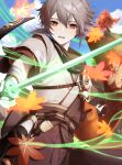  1boy absurdres autumn_leaves bandaged_arm bandaged_hand bandages bangs black_gloves clouds commentary_request day ebibi_chiriri fingerless_gloves genshin_impact gloves glowing glowing_sword glowing_weapon grey_hair hair_between_eyes highres holding holding_sword holding_weapon japanese_clothes kaedehara_kazuha leaf leaf_print looking_at_viewer male_focus outdoors parted_lips ponytail red_eyes redhead sky solo sword tree weapon 