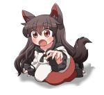  1girl animal_ears blush brown_hair collarbone dress fang hair_between_eyes imaizumi_kagerou long_hair long_sleeves open_mouth red_eyes rokugou_daisuke signature simple_background solo tail touhou white_background white_dress wolf_ears wolf_tail 