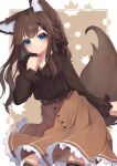 1girl absurdres animal_ear_fluff animal_ears bangs braid brown_background brown_hair brown_skirt brown_thighhighs closed_mouth fox_ears fox_girl fox_tail frilled_skirt frills hand_up highres hinata_(user_rjkt4745) lace-trimmed_legwear lace_trim leaf leaf_background long_hair long_sleeves original skirt sleeves_past_wrists smile solo tail thigh-highs two-tone_background white_background 