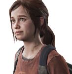  1girl brown_hair cropped ellie_(the_last_of_us) game_screenshot long_hair non-web_source orange_shirt ponytail shirt simple_background solo source_request upper_body white_background 