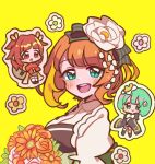  3girls :d :o akino_kaede anmin_do_fuuuuu aqua_eyes bangs black_coat blunt_bangs blush bouquet buttons chibi chibi_inset closed_mouth coat collared_shirt commentary dot_nose flower flower_(symbol) green_eyes green_hair hair_flower hair_ornament hairband haruna_konomi highres holding holding_bouquet lily_of_the_valley looking_at_another looking_at_viewer magia_record:_mahou_shoujo_madoka_magica_gaiden magical_girl mahou_shoujo_madoka_magica multicolored_hair multiple_girls natsume_kako no_nose open_mouth orange_coat orange_flower orange_hair puffy_short_sleeves puffy_sleeves red_eyes redhead shirt short_hair short_sleeves smile sticker streaked_hair symbol-only_commentary teeth two_side_up upper_teeth white_shirt yellow_background 