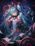  1girl aqua_hair aqua_nails arm_tattoo bangs breasts closed_eyes crying dress hatsune_miku headset highres jacket kajaneko long_hair microphone_stand off_shoulder open_clothes open_jacket open_mouth small_breasts solo tattoo twintails vocaloid white_dress 
