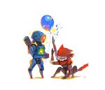  2boys animal_ears apex_legends balloon bandana cat_boy cat_ears cat_tail closed_eyes commentary humanoid_robot kemonomimi_mode multiple_boys one-eyed open_hand pathfinder_(apex_legends) red_bandana red_scarf revenant_(apex_legends) scarf seafoodbf simulacrum_(titanfall) sparkle squatting symbol-only_commentary tail 