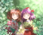  2girls antenna_hair bell bow checkered_clothes closed_eyes floral_print flower grass hair_bell hair_flower hair_ornament hieda_no_akyuu highres japanese_clothes kimono layered_clothes layered_kimono leaf motoori_kosuzu multiple_girls muzukite open_mouth orange_hair outdoors plant purple_hair ribbon side-by-side sleeping touhou 