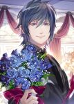  1boy black_hair black_jacket black_necktie black_shirt blue_eyes blue_flower blue_rose bouquet final_fantasy final_fantasy_xv flower formal hair_between_eyes hinoe_(dd_works) holding holding_bouquet indoors jacket looking_at_viewer male_focus necktie noctis_lucis_caelum rose shirt short_hair smile solo upper_body 