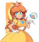  1girl bangs blue_eyes breasts champanus closed_mouth crown daisy dress english_commentary flower gem gloves hair_ornament hand_on_hip long_hair looking_at_viewer nintendo orange_dress orange_hair puffy_short_sleeves puffy_sleeves short_sleeves smile solo super_mario_bros. upper_body white_gloves 