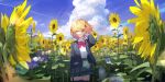  1girl absurdres bangs blonde_hair blue_jacket blue_sky bow bowtie clouds collared_shirt day field flower flower_field gradient_hair green_eyes green_skirt hair_flower hair_ornament highres honma_himawari jacket long_sleeves looking_at_viewer multicolored_hair nijisanji open_clothes open_jacket parted_lips plaid plaid_skirt purple_hair red_bow red_bowtie roitz_(_roitz_) shirt short_hair skirt sky solo standing sunflower virtual_youtuber white_shirt yellow_flower 