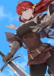  1girl absurdres armor belt blue_sky breasts capelet from_below gauntlets hair_ribbon highres holding holding_sword holding_weapon jun_(seojh1029) leather_armor long_hair original pantyhose redhead ribbon sheath sky solo sword twintails weapon weibo_logo weibo_username 