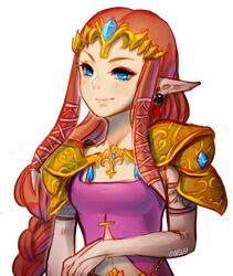  1girl armor artist_name blue_eyes brown_hair crown dress earrings elbow_gloves gloves jewelry long_hair onisuu pointy_ears princess_zelda purple_dress shoulder_armor solo the_legend_of_zelda the_legend_of_zelda:_twilight_princess transparent_background upper_body white_gloves 