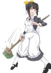  1girl alternate_costume alternate_hairstyle apron black_dress black_hair colored_inner_hair dress enmaided full_body hair_bun highres kantai_collection ld_(luna_dial398) long_hair looking_at_viewer maid maid_headdress mary_janes mop multicolored_hair naganami_(kancolle) pink_hair shoes simple_background socks solo two-tone_hair white_apron white_background white_socks 