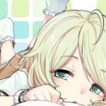  1girl ahoge blonde_hair blush close-up dress feet_up green_eyes highres idolmaster idolmaster_cinderella_girls kyouno lying medium_hair on_stomach parted_lips socks solo white_socks wrist_cuffs yusa_kozue 