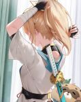  1girl adjusting_hair arms_up highres kaguya_(srx61800) kazama_iroha ponytail solo tying_hair 