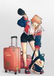  1girl backpack bag baseball_cap braid closed_eyes commentary english_commentary grey_background hat highres holding holding_bag holding_clothes holding_hat hololive hololive_english iskaydi jacket long_sleeves open_mouth orange_hair rolling_suitcase shorts simple_background solo standing suitcase takanashi_kiara teeth tongue 