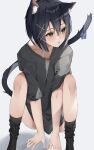  1girl absurdres animal_ears awaki224 black_hair brown_eyes cat_ears cat_girl cat_tail fang feet_out_of_frame green_eyes grey_shirt heterochromia highres no_pants original shirt short_hair short_sleeves skin_fang squatting tail 