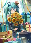  1girl aqua_hair bangs banned_artist black_skirt black_sleeves black_thighhighs blue_eyes blush box closed_mouth commentary_request confetti curtains day detached_sleeves feet_out_of_frame flower gift gift_box hair_between_eyes hatsune_miku highres indoors long_sleeves object_hug pleated_skirt skirt smile solo sunflower thigh-highs twintails vocaloid wide_sleeves window yellow_flower yuuka_nonoko 