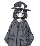  1girl blush bow closed_mouth commentary_request fedora greyscale hat hat_bow hatching_(texture) highres jacket long_sleeves monochrome nama_udon pocket short_hair sketch sleeves_past_fingers sleeves_past_wrists smile solo touhou upper_body usami_renko zipper 