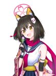 1girl :d absurdres animal_ear_fluff animal_ears bangs black_gloves black_sailor_collar blue_archive blush breasts brown_eyes brown_hair elbow_gloves fang food fox_ears fox_hair_ornament full_body gloves hair_between_eyes halo hands_up highres ice_cream izuna_(blue_archive) looking_at_viewer medium_breasts neckerchief partially_fingerless_gloves pink_neckerchief pink_scarf sailor_collar scarf school_uniform serafuku shirt simple_background sleeveless sleeveless_shirt smile solo two_side_up upper_body user_vmaz7548 white_background white_shirt 
