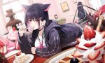  1girl animal_ears black_choker black_hair black_jacket blue_archive blurry blush breasts brown_pantyhose cake cat_ears choker ddangbi depth_of_field eating feet_up food fork fruit hair_ornament hairclip halo highres holding holding_fork hood hood_down hooded_jacket indoors jacket kazusa_(blue_archive) large_breasts long_sleeves looking_at_viewer lying on_stomach on_table open_mouth pantyhose pendant_choker plate red_eyes shoes short_hair sidelocks sneakers solo strawberry table 