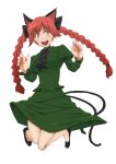  1girl :d animal_ears braid cat_ears cat_tail dress full_body green_dress hands_up kaenbyou_rin knees_together_feet_apart lunatic_rabbit multiple_tails nekomata open_mouth red_eyes redhead smile solo tail touhou twin_braids two_tails 