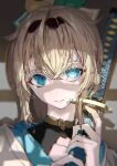  1girl blonde_hair blue_eyes blurry closed_mouth eyelashes film_grain glint hair_between_eyes highres holding holding_sheath holding_sword holding_weapon hololive katana kazama_iroha long_eyelashes looking_at_viewer medium_hair roitz_(_roitz_) samurai scabbard sheath sheathed smile solo sword virtual_youtuber weapon 