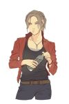 1girl artist_request black_pants black_shirt blue_eyes bottle brown_hair claire_redfield cowboy_shot grey_eyes holding holding_bottle jacket jewelry long_hair looking_to_the_side necklace non-web_source pants ponytail red_jacket resident_evil resident_evil_2 shirt simple_background solo source_request white_background 