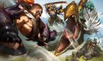  1girl 2boys armor axe bare_shoulders beard beast_hunter_draven beast_hunter_sejuani beast_hunter_tryndamere blurry blurry_background buzz_cut cliff clouds cloudy_sky creature draven facial_hair fighting fighting_stance fingerless_gloves gauntlets gloves grass helmet highres jumping league_of_legends leg_armor long_hair monster multiple_boys muscular muscular_male official_alternate_costume official_art open_mouth orange_hair outdoors ponytail rock sejuani short_hair shoulder_pads sky smile sword teeth tryndamere very_short_hair victor_maury weapon whip 