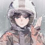  1girl black_eyes black_hair buttons character_request expressionless helmet highres lips logo looking_at_viewer office_lady_taiwan rain raincoat tennohi title upper_body visor water wiping_face 