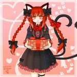  1girl animal_ears bow box braid cat_ears cat_tail gift gift_box hair_bow happy_valentine heart heart_tail highres holding holding_gift incoming_gift kaenbyou_rin mizuki_ruu193 multiple_tails nekomata pink_background red_eyes redhead solo tail tail_bow tail_ornament touhou twin_braids two_tails valentine 