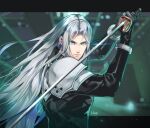  1boy armor artist_name bangs black_gloves black_jacket fighting_stance final_fantasy final_fantasy_vii final_fantasy_vii_remake gloves green_eyes grey_hair hinoe_(dd_works) holding holding_sword holding_weapon indoors jacket letterboxed long_bangs long_hair long_sleeves looking_at_viewer male_focus masamune_(ff7) parted_bangs sephiroth shoulder_armor solo sword weapon 